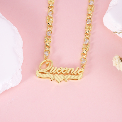 Personalized Custom Teddy XOXO Chain Double Layer Diamond Cut Heart Name Necklace