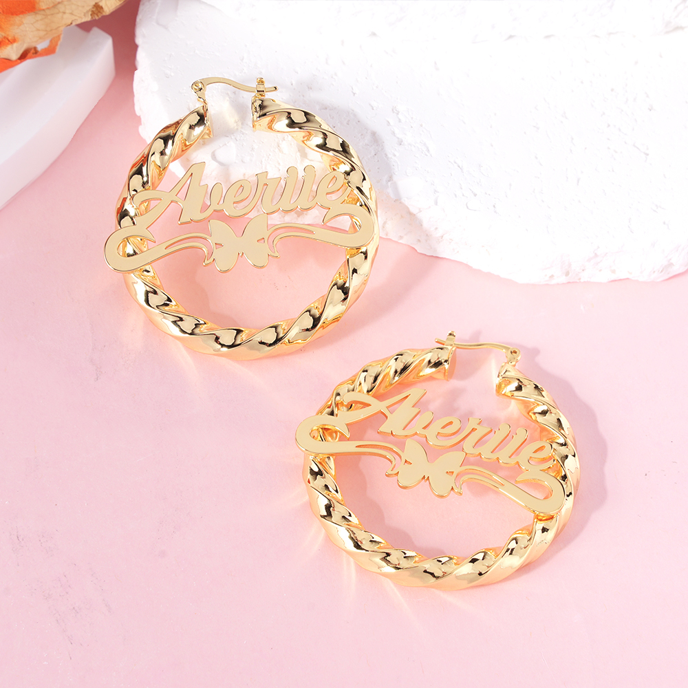Butterfly Hoop Name Earrings With Heart Women Gift