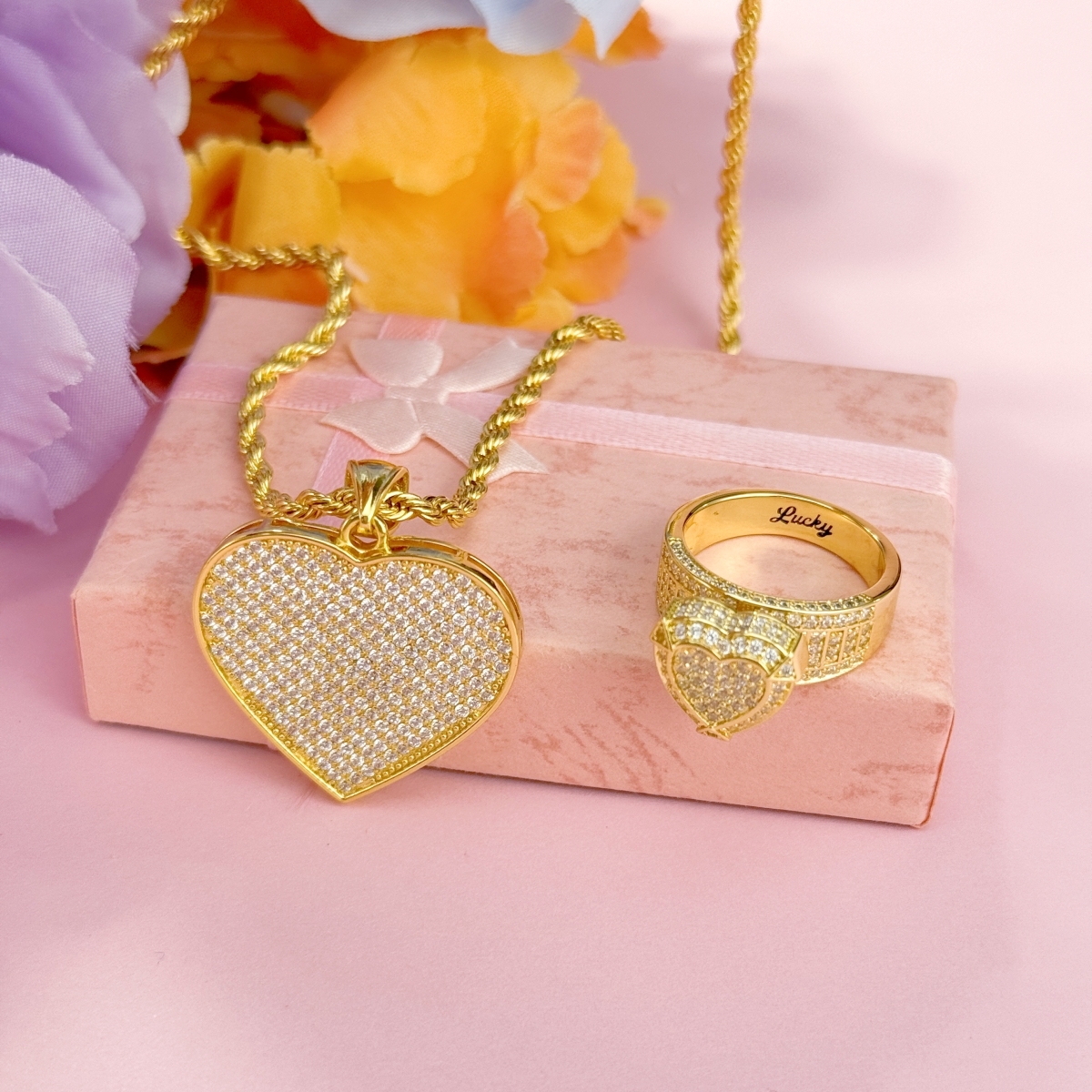 Zirconia Heart Promise Engraved Ring Heart Charm Necklace Jewelry Set