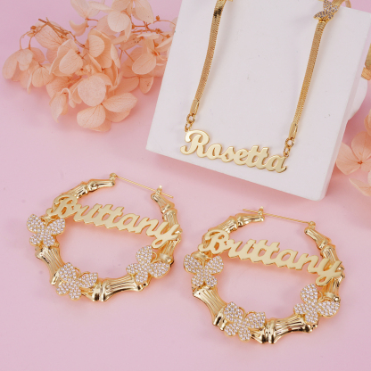 Butterfly Design Personalized Name Necklace And Bamboo Name Earrings Jewelry Set 2pcs 