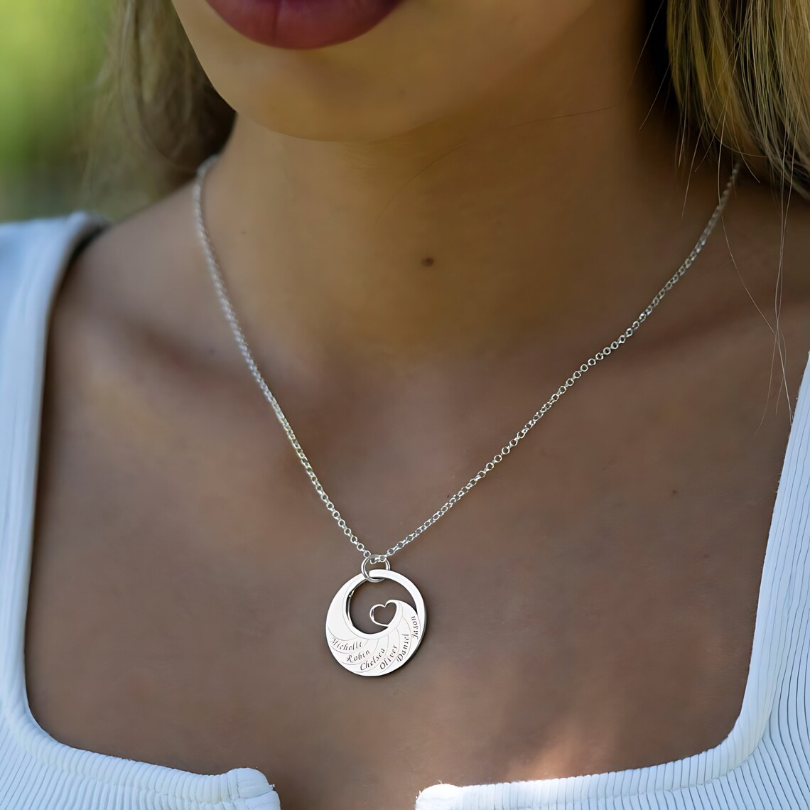 Heart Round Pendant Custom 2-6 Engraved Names Family Necklace