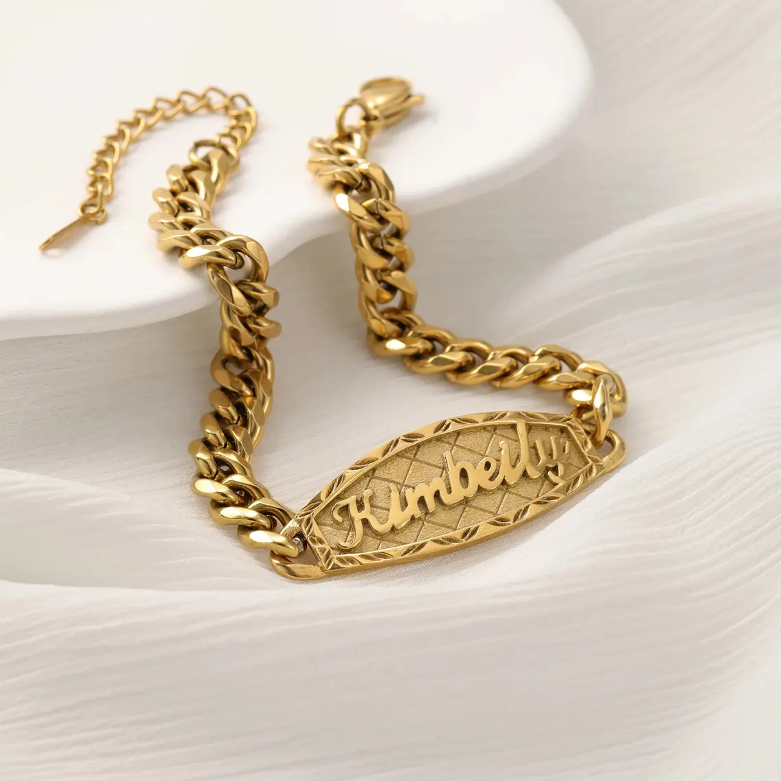 Custom ID Bar Diamond Cut 3D Name Bracelet Curb Chain
