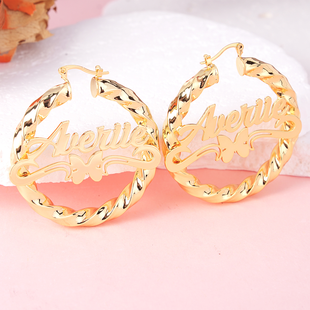 Butterfly Hoop Name Earrings With Heart Women Gift