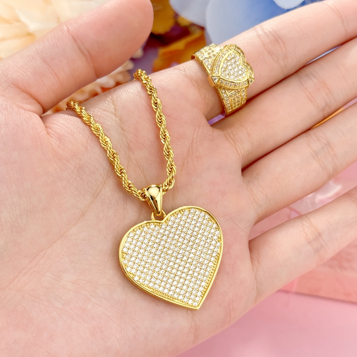 Zirconia Heart Promise Engraved Ring Heart Charm Necklace Jewelry Set
