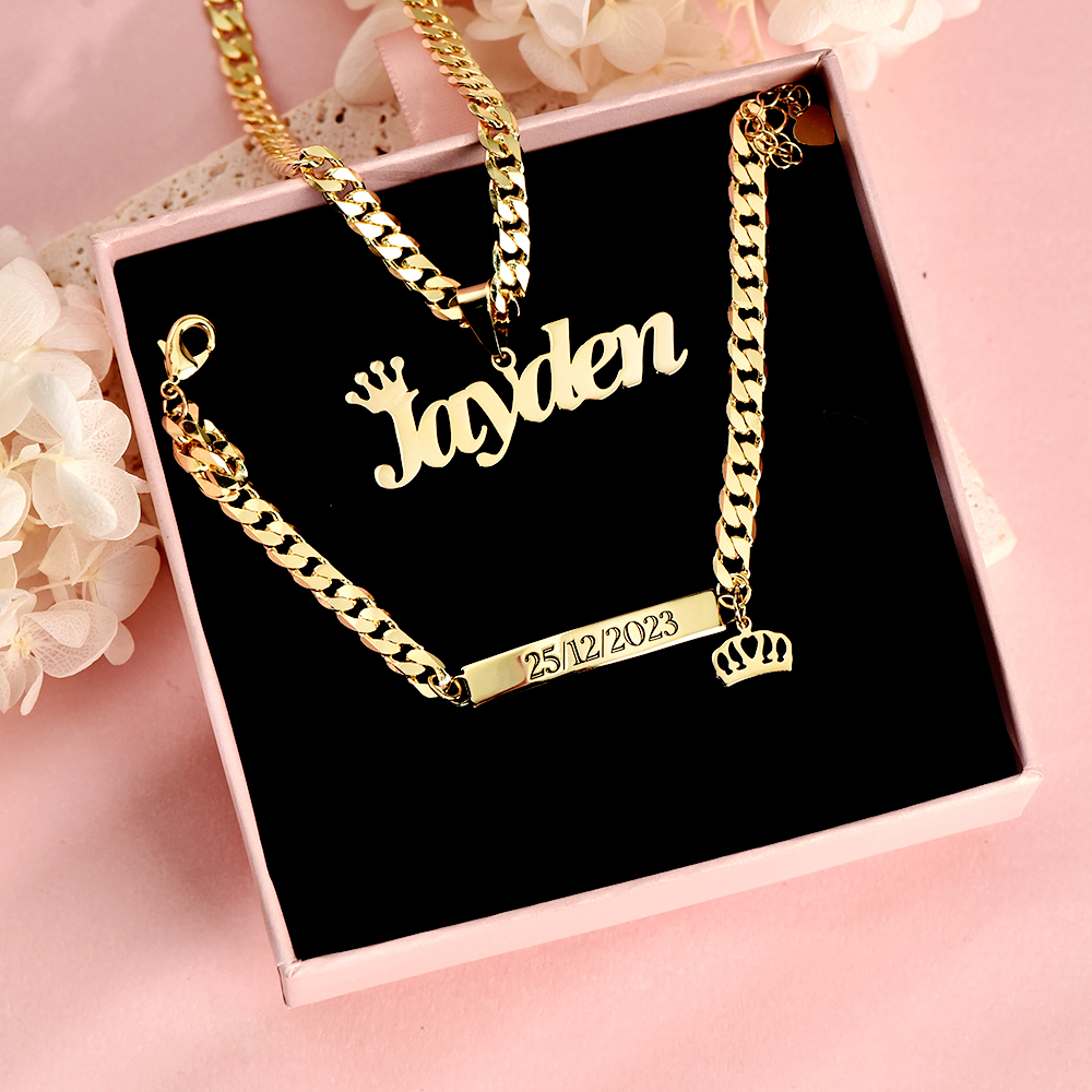Custom Crown Name Necklace And Bracelet ID Jewelry Set 2pcs For Kids