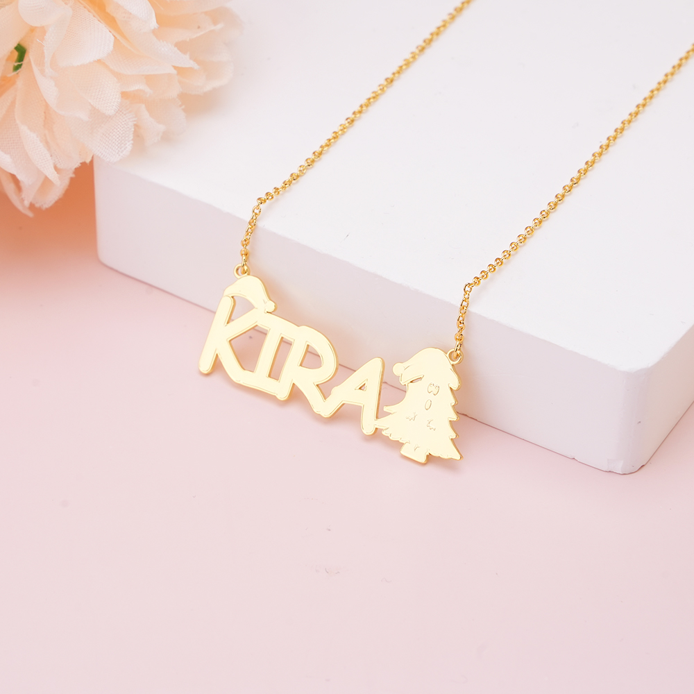Gold Plated Christmas Tree with Hat Nameplate Pendant Personalized Custom Name Necklace