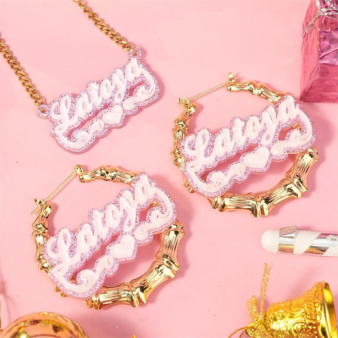 Personalized Pink Acrylic Heart Name Necklace Bamboo Hoop Earrings Set
