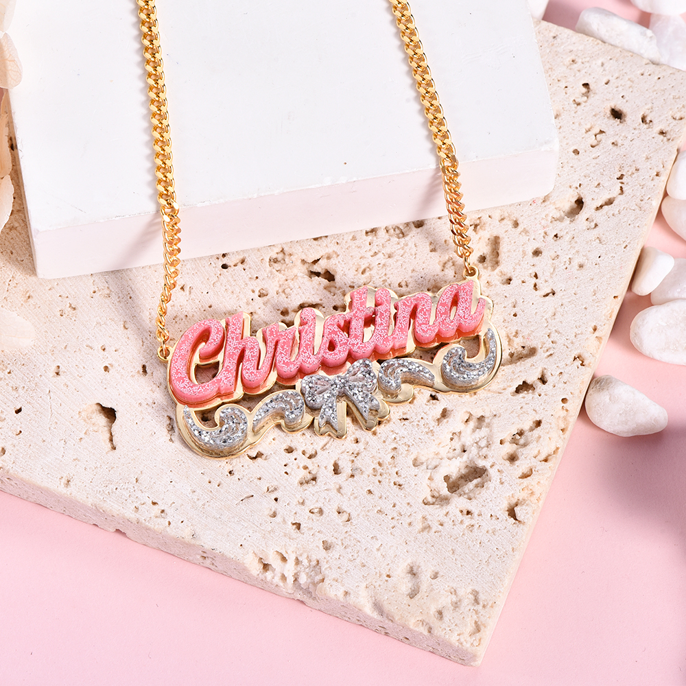 Girls Bowknot Pink Acrylic Personalized Name Necklace with Heart