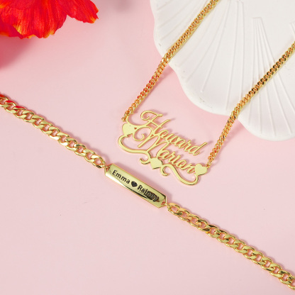 Two Names With Love Heart Personalized Name Necklace And Name Bracelet Couple Set
