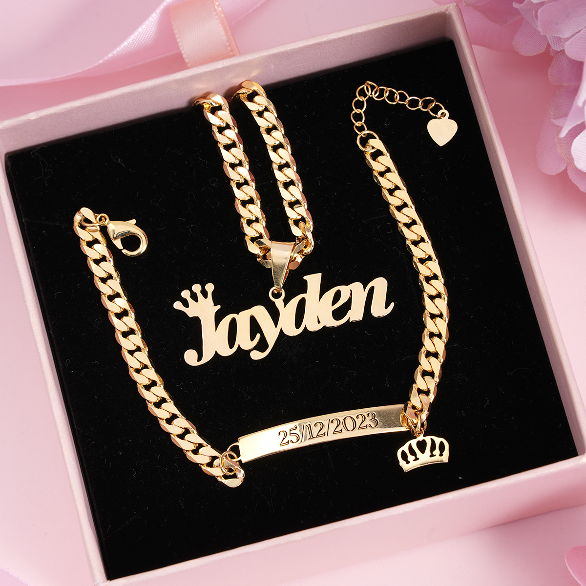 Custom Crown Name Necklace And Bracelet ID Jewelry Set 2pcs For Kids