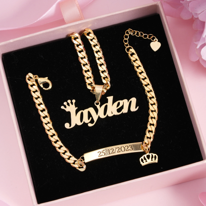 Custom Crown Name Necklace And Bracelet ID Jewelry Set 2pcs For Kids