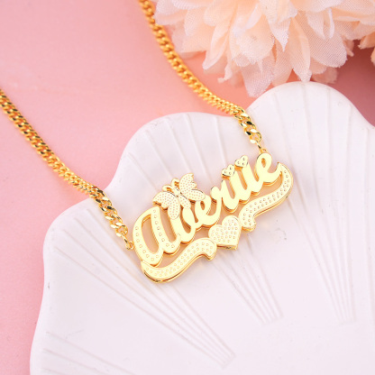 Double Layer Butterfly Heart Nameplate Personalized Name Necklace 