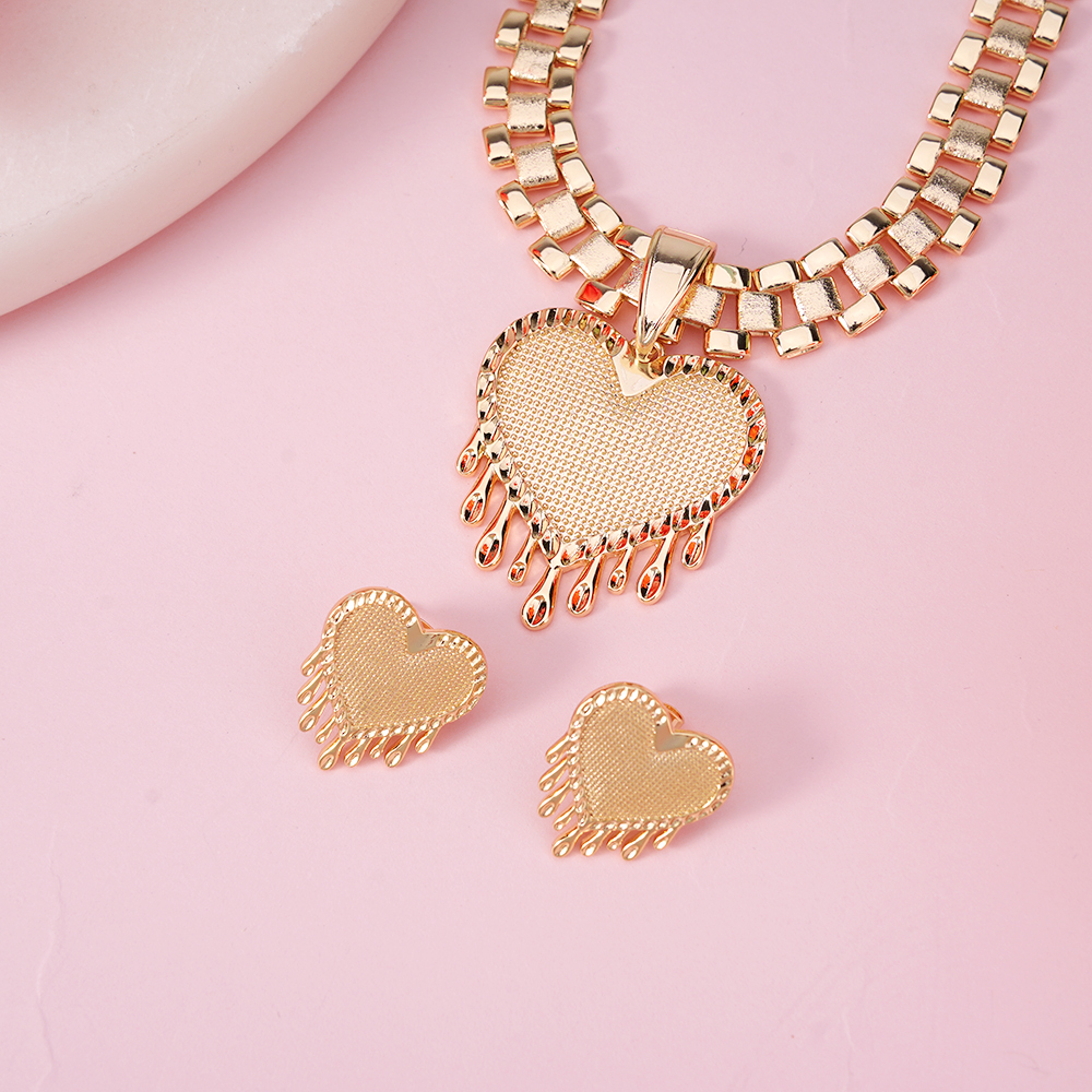 Dripping Heart Pendant Rolex Style Heart Necklace and Heart Stud Earrings Set