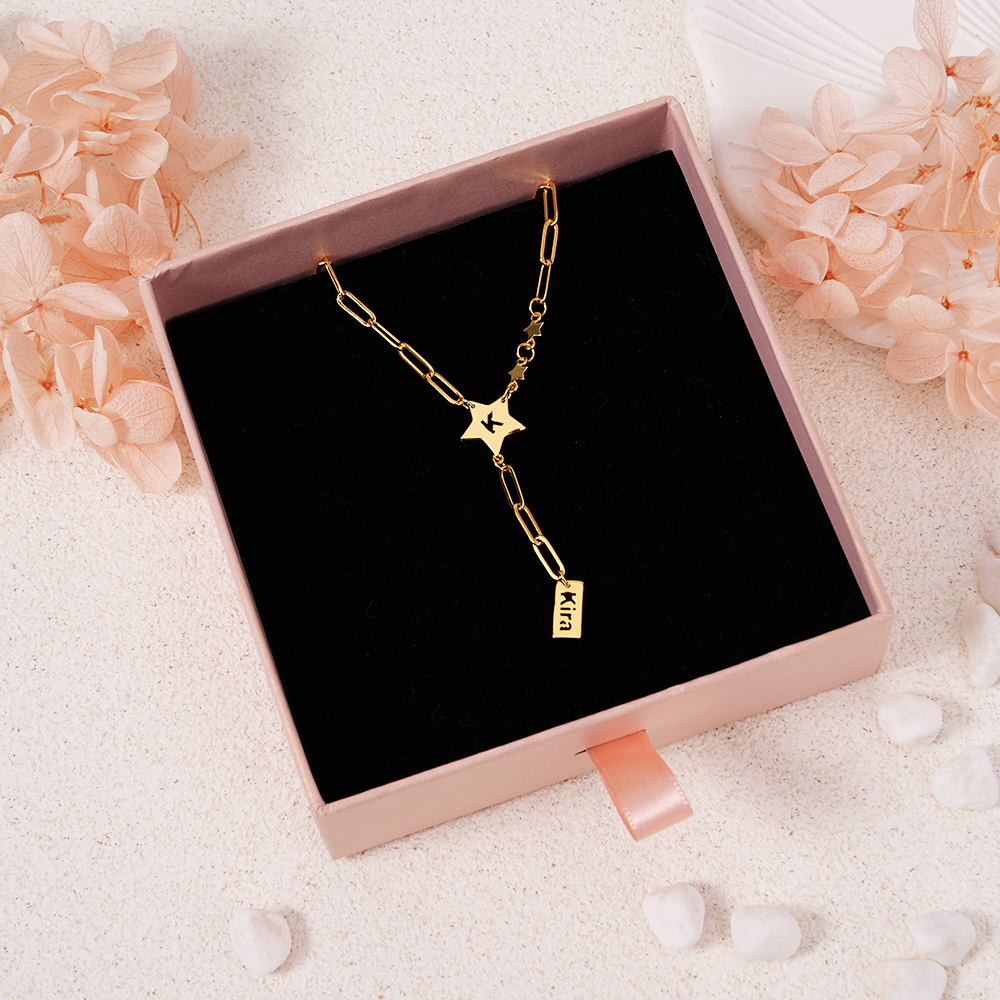 Star Cutout Letter Pendant Necklace with Tassel Collarbone Chain Personalized Name Necklace