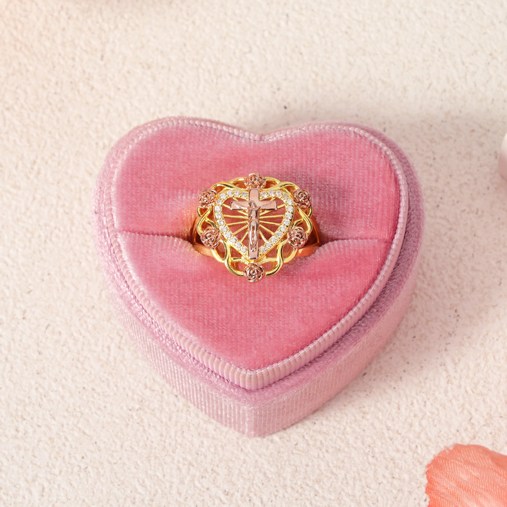 Jesus Christ Cross Crucifix Crucifixion Rose Heart Personalized Engraved CZ Ring 
