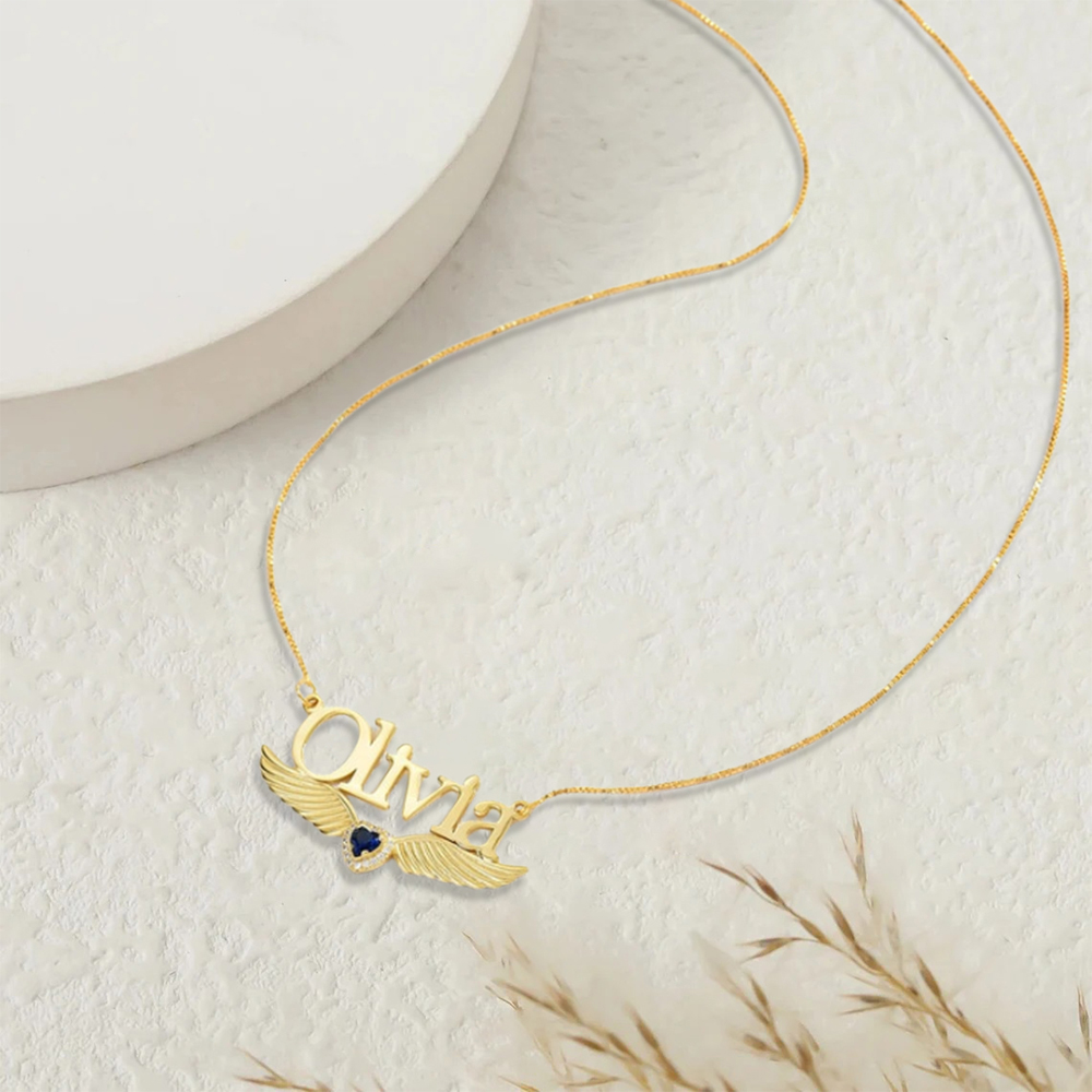 Angel Wings Personalized Birthstone With Name Necklace