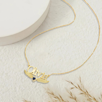 Angel Wings Personalized Birthstone With Name Necklace