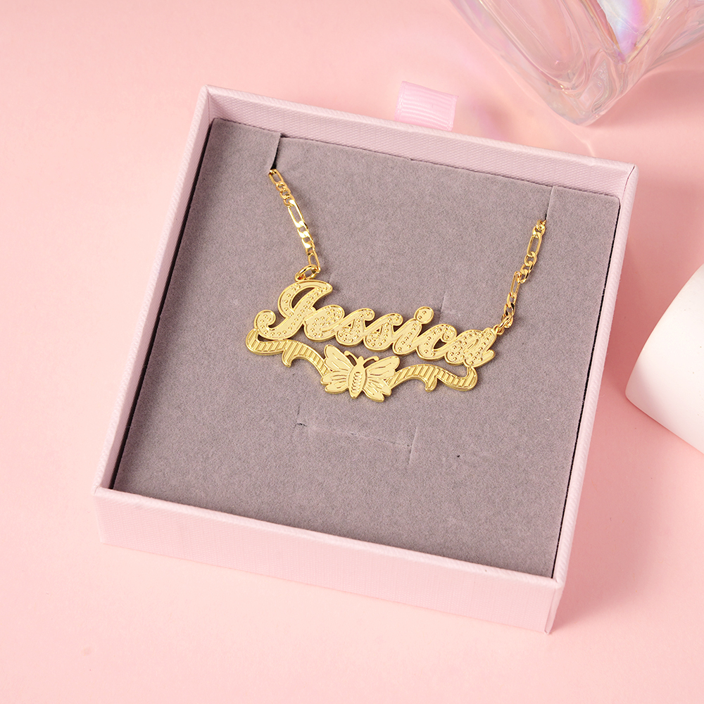 Double Layer Butterfly Nameplate Pendant Personalized Custom Gold Plated Name Necklace