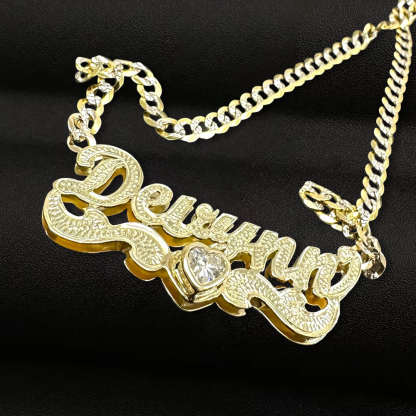 Custom Double Plated Name Necklace With Birthstone And Heart