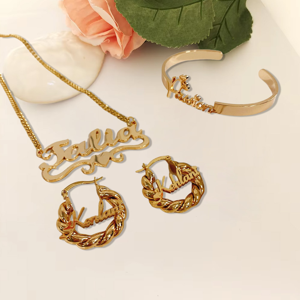 Peronalized Nameplate Kids Jewelry Set Name Necklace Bracelet And Mini Earrings