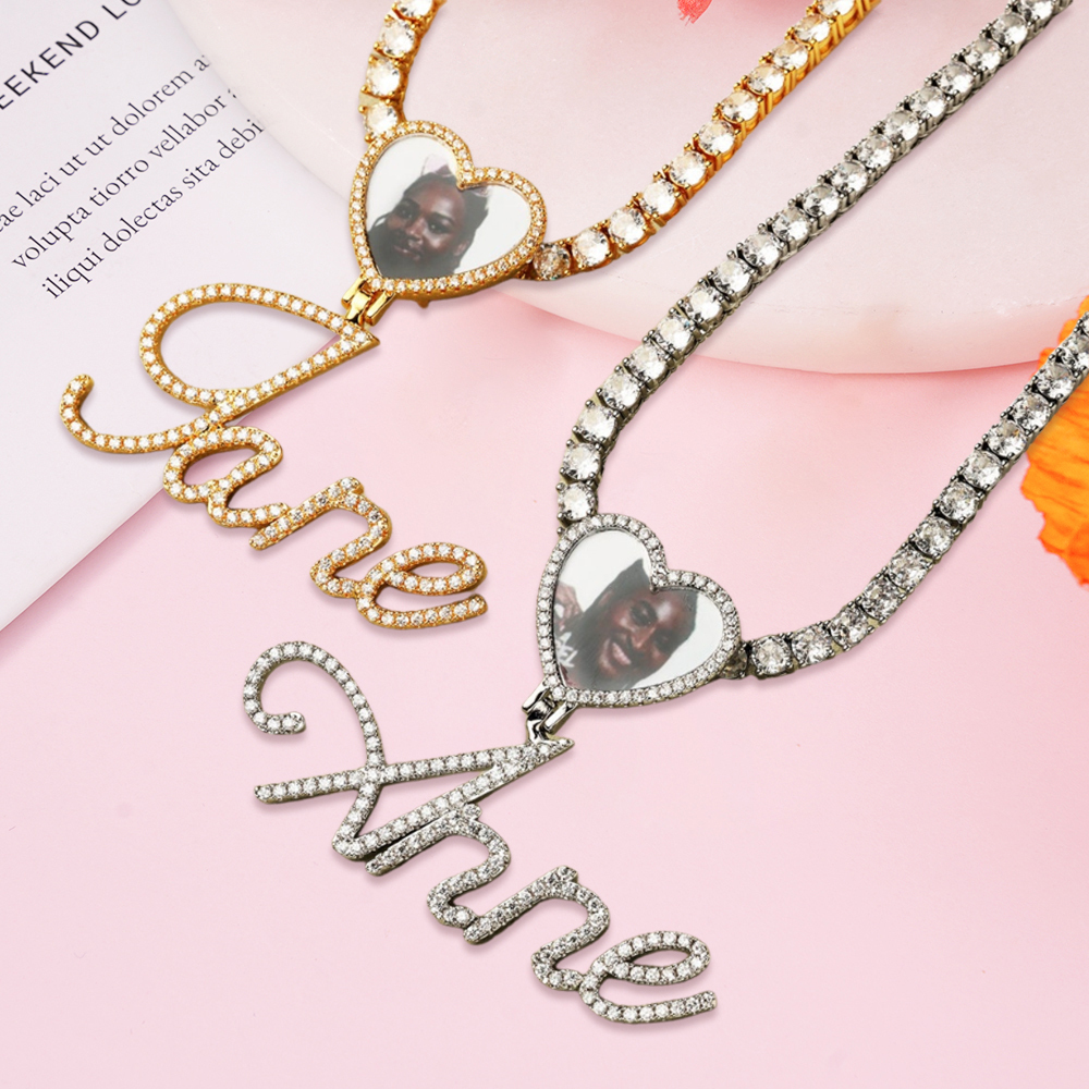 Custom Name Picure Pendant Heart Hook Cursive Letters Necklaces