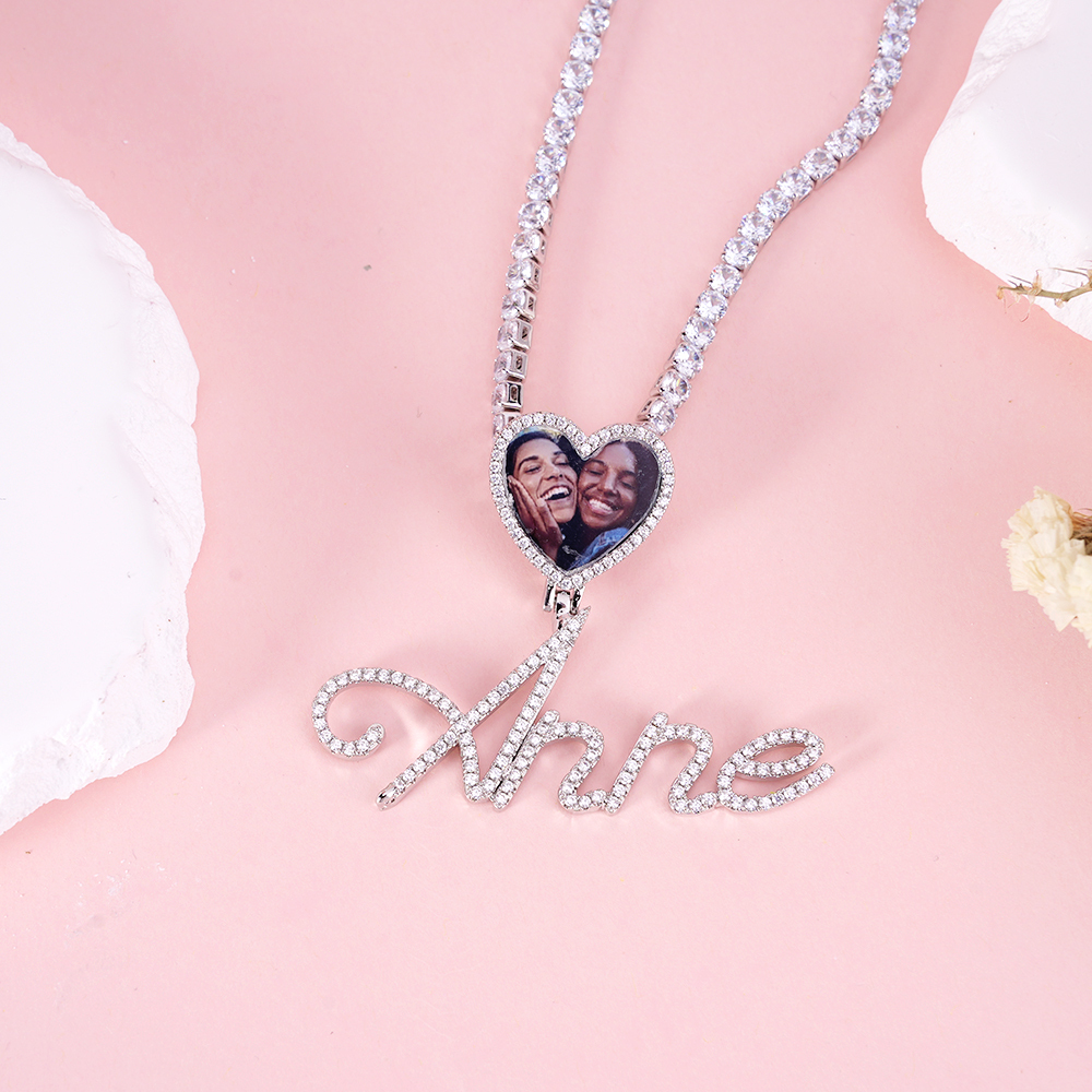 Custom Name Picure Pendant Heart Hook Cursive Letters Necklaces