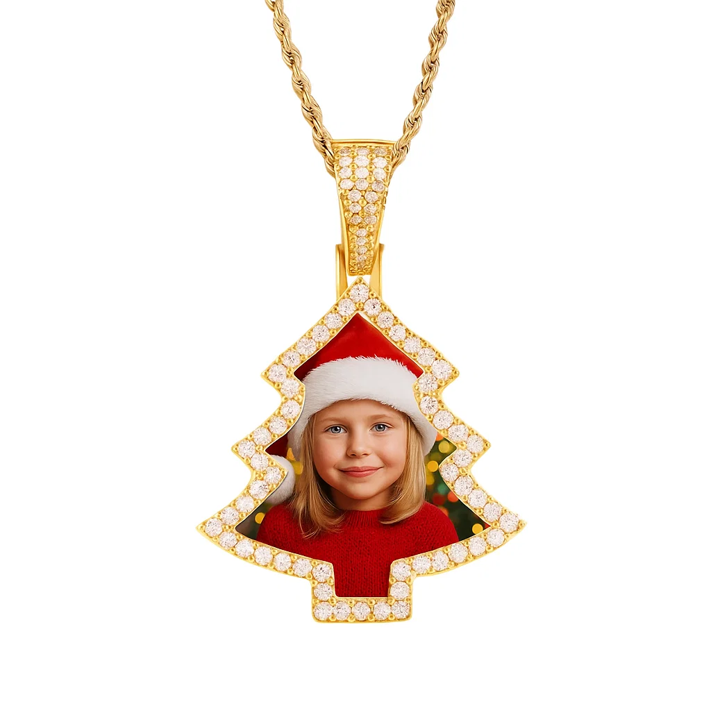 Christmas Tree Shape Zirconia Custom Photo Necklace Rope Chain