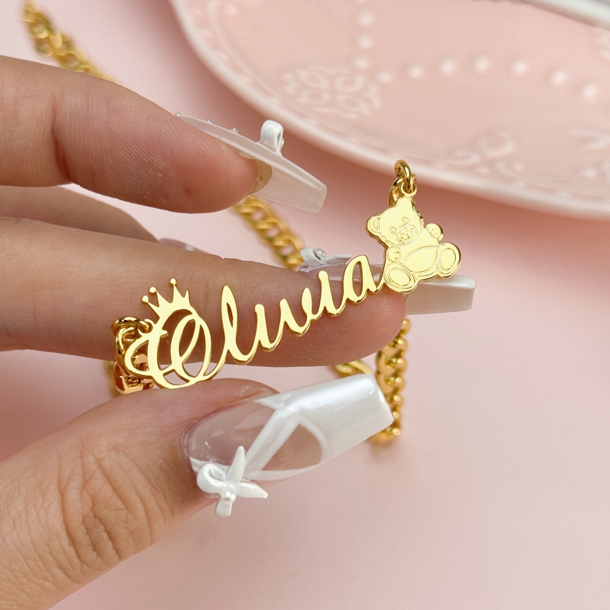 Cute Teddy Bear Name Necklace and Mini Hoop Earrings Jewelry Set