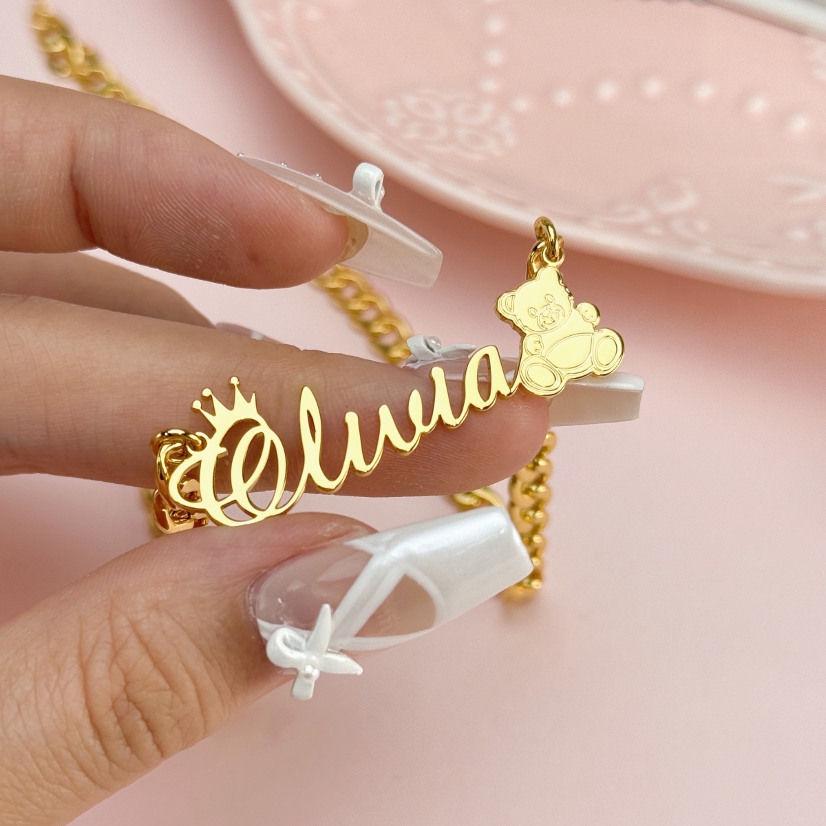 Cute Teddy Bear Name Necklace and Mini Hoop Earrings Jewelry Set