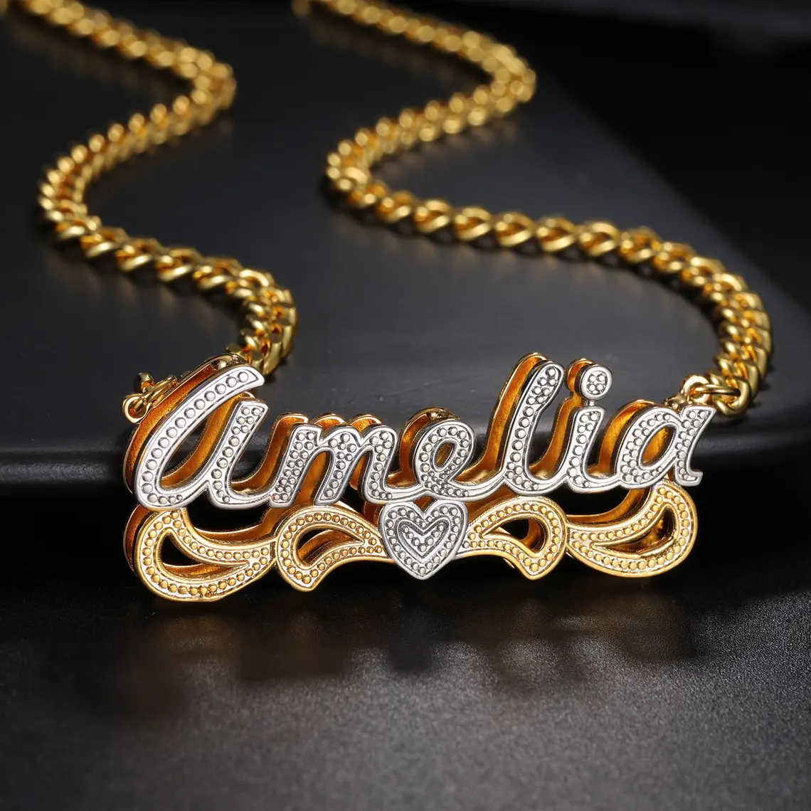 Custom Two Tone Double Plate Diamond Cut 3D Heart Name Necklace