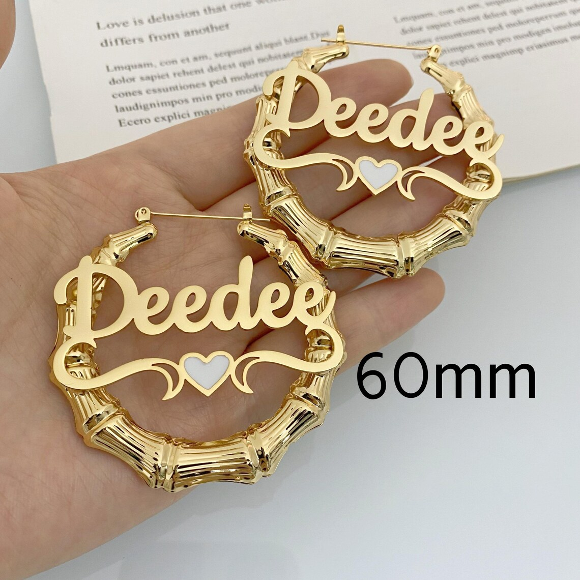 Gold Plated Enamel Heart Nameplate Necklace and Bamboo Earrings Jewelry Set