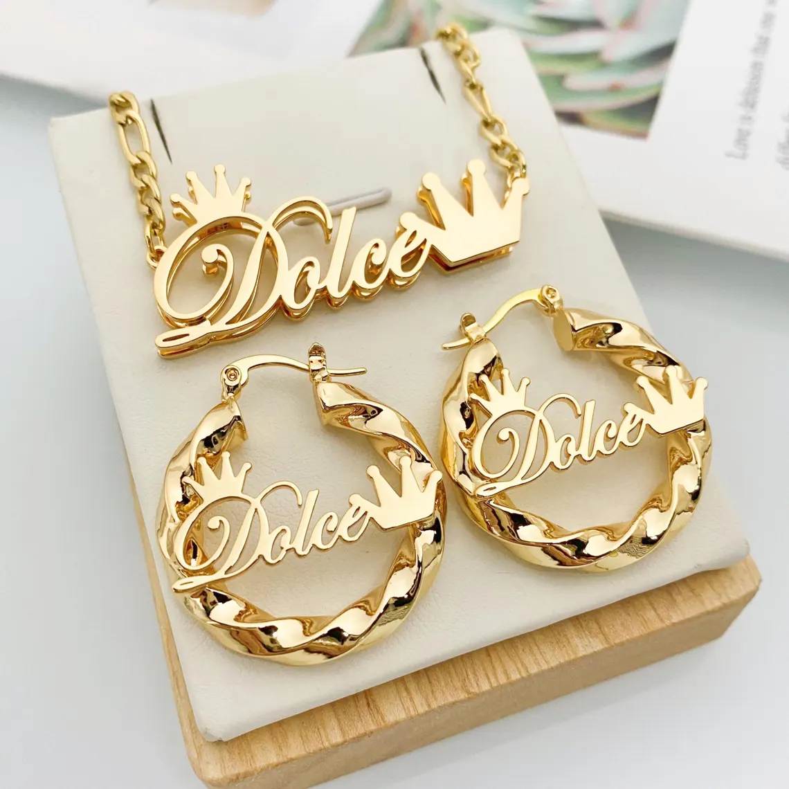 Crown Name Jewerlry Set Custom Double Layer Name Necklace Name Earrings
