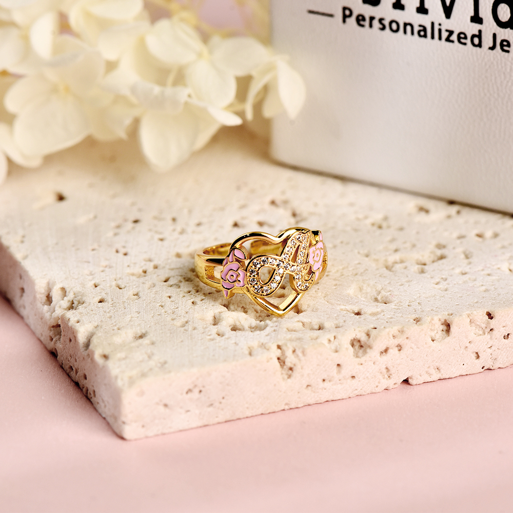 Personalized Heart Shape Initial Flower Ring Custom Ring for Women