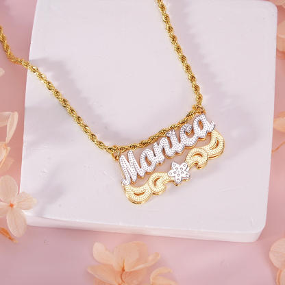 Double Plate Two Tone Flower Personalized Custom Name Necklace with Little Heart 