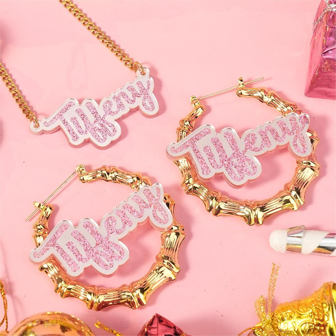Pink Color Acrylic Name Jewelry Set Personalized Custom Name Necklace Bamboo Name Earrings Set Kids Gift