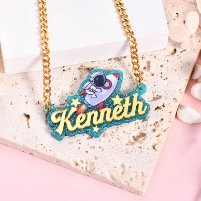 Acrylic Astronaut Rocket Pendant Personalized Name Necklace