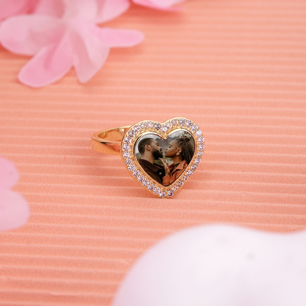 Heart Shaped Photo Gold Plated Personalized Custom Engraved Ring Couple Ring