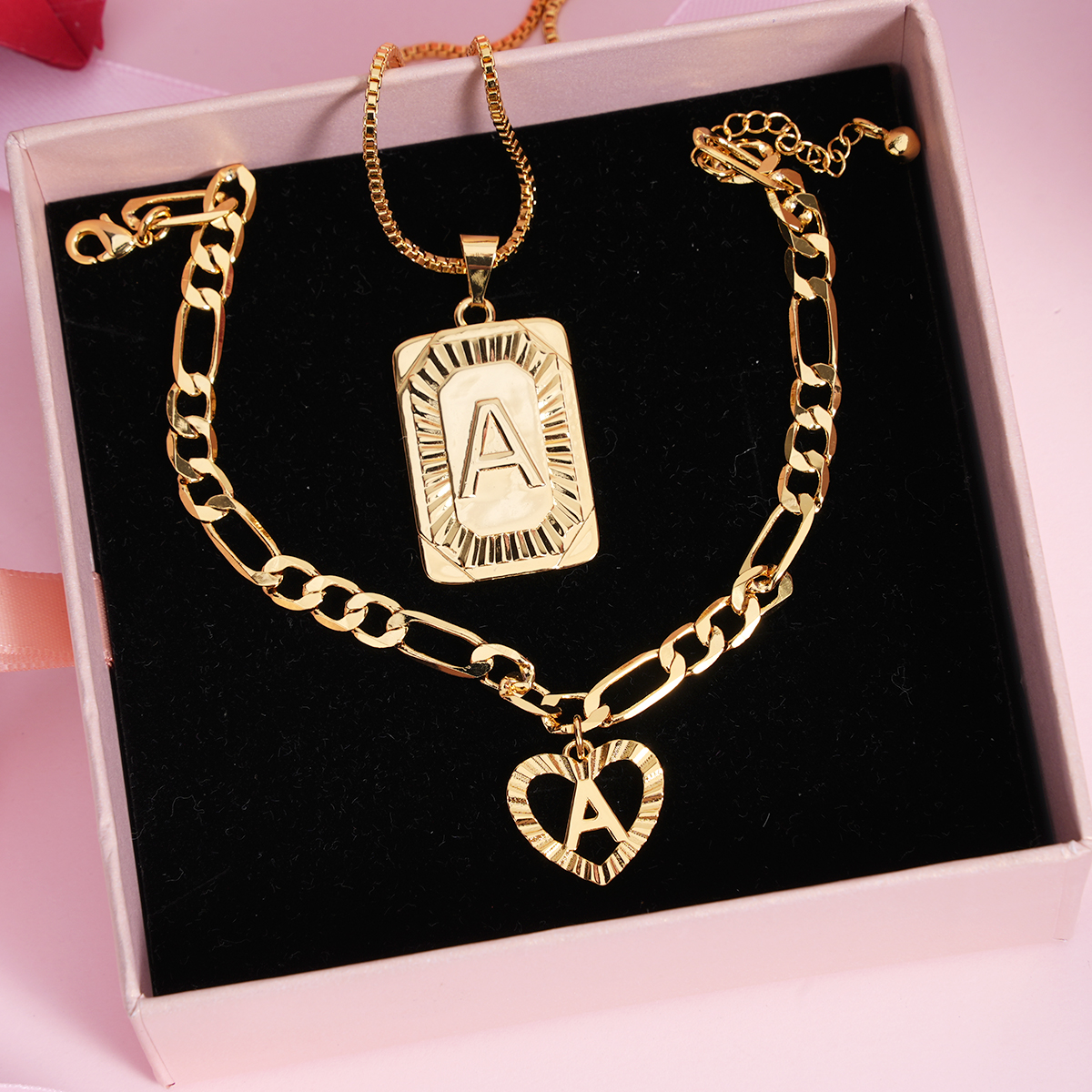 Initial Letter Pendant Personalized Square Initial Necklace And Heart Initial Bracelet Set