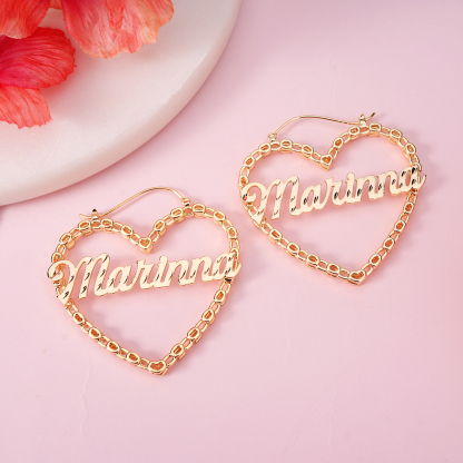 Rolex Style Hoops Nugget Love Heart Personalized Name Hoop Earrings