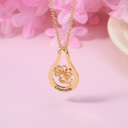 Personalized Birth Flower Gold Plated Engraved Name Ring Holder Necklace
