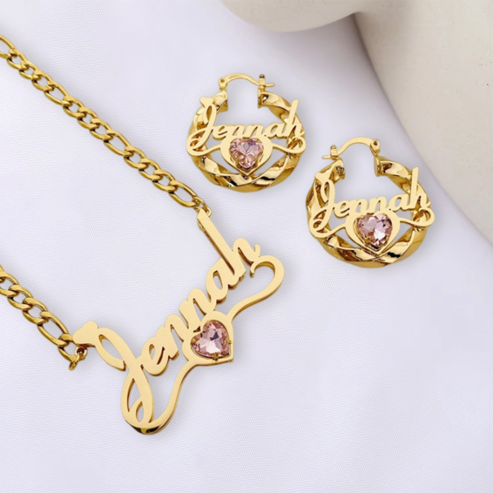 Personalized Heart Double Plated Name Necklace And Mini Name Earrings Kids Women Jewelry Gift