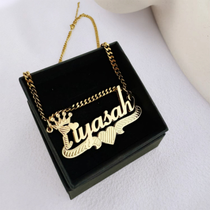Double Layer Nameplate with Heart Crown Personalized 3D Name Necklace