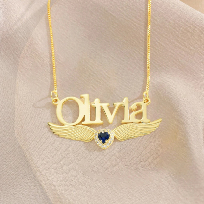 Angel Wings Personalized Birthstone With Name Necklace