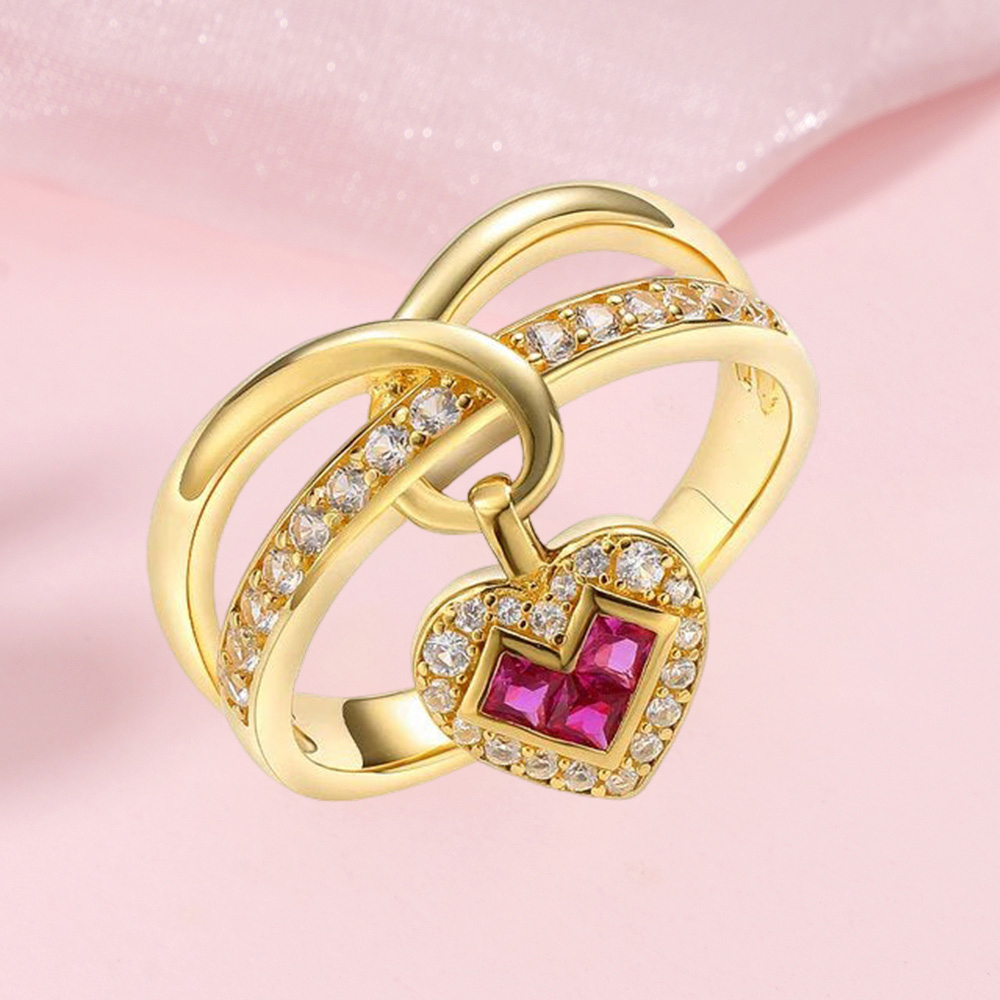 Heart Charms Ring With Birthstone Pendant