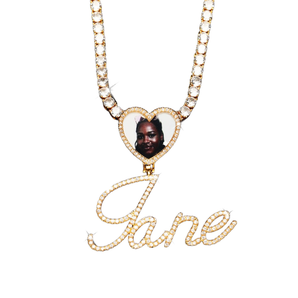 Custom Name Picure Pendant Heart Hook Cursive Letters Necklaces