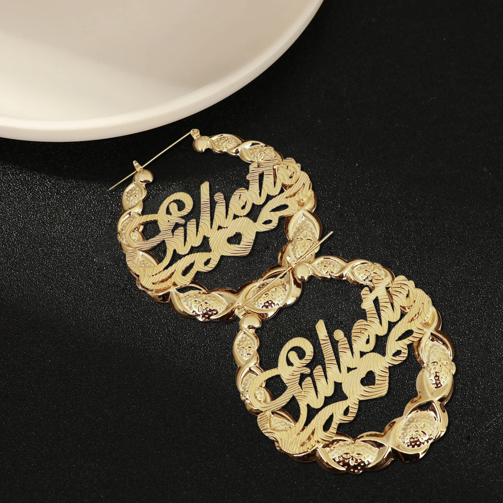 Custom XOXO Bamboo Hoop Name Earrings With Heart