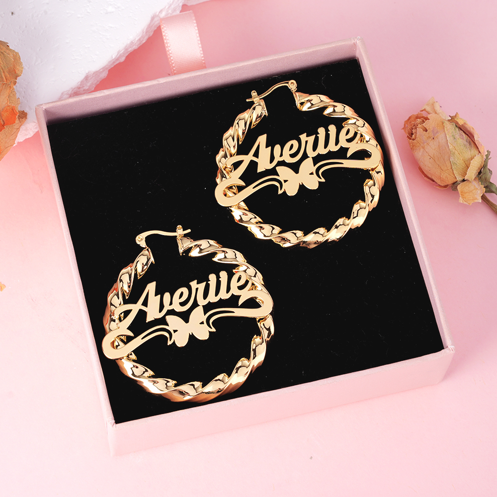 Butterfly Hoop Name Earrings With Heart Women Gift
