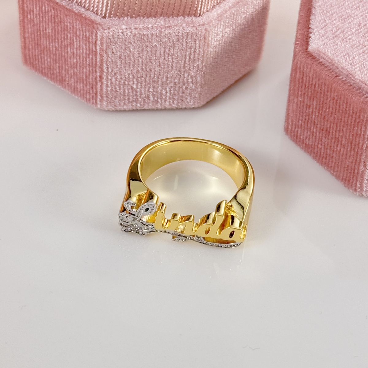 Personalized Flower Design Two Tone Name Ring