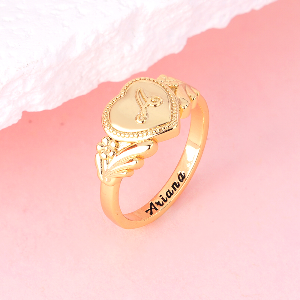 Gold Plated Cursive Initial Ring With Heart