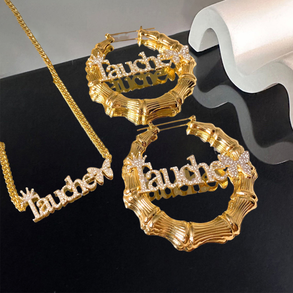 Chic Butterfly Crown Necklace Matched with Bamboo Hoop Earrings Stainl